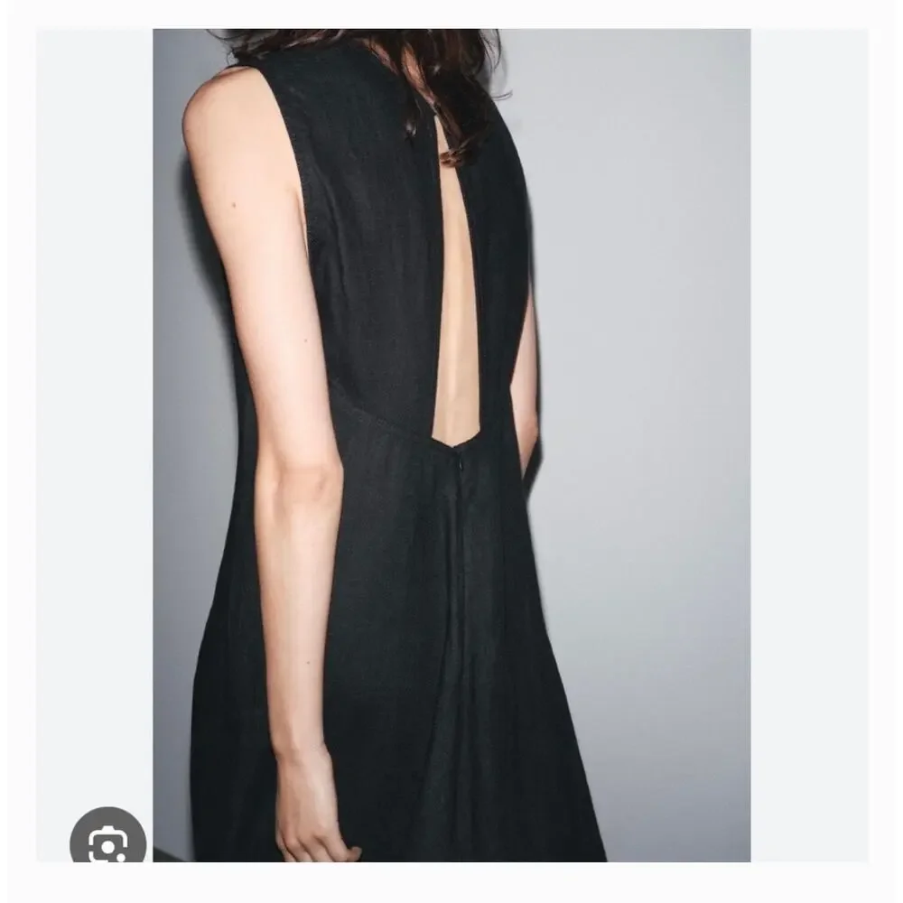NWT Zara 100% Linen Midi Dress Size Small Black 2731/094 Lagenlook Preppy Chic - Picture 14 of 14